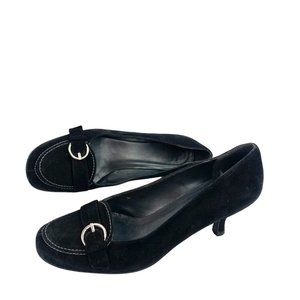STUART WEITZMAN Black Suede Buckle Vamp Kitten‎ Heels